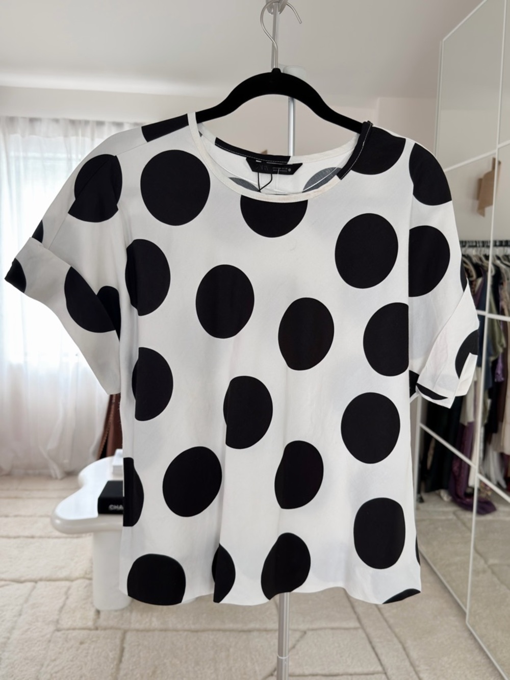 Zara Black and White Polka Dot Short Sleeve Top